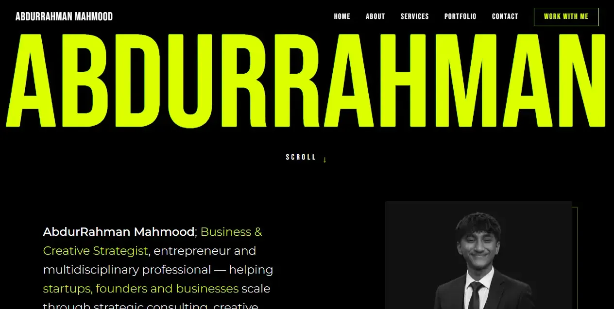 The AbdurRahman Mahmood portfolio homepage, showing an oversized display headline and an introduction to his consulting practice.