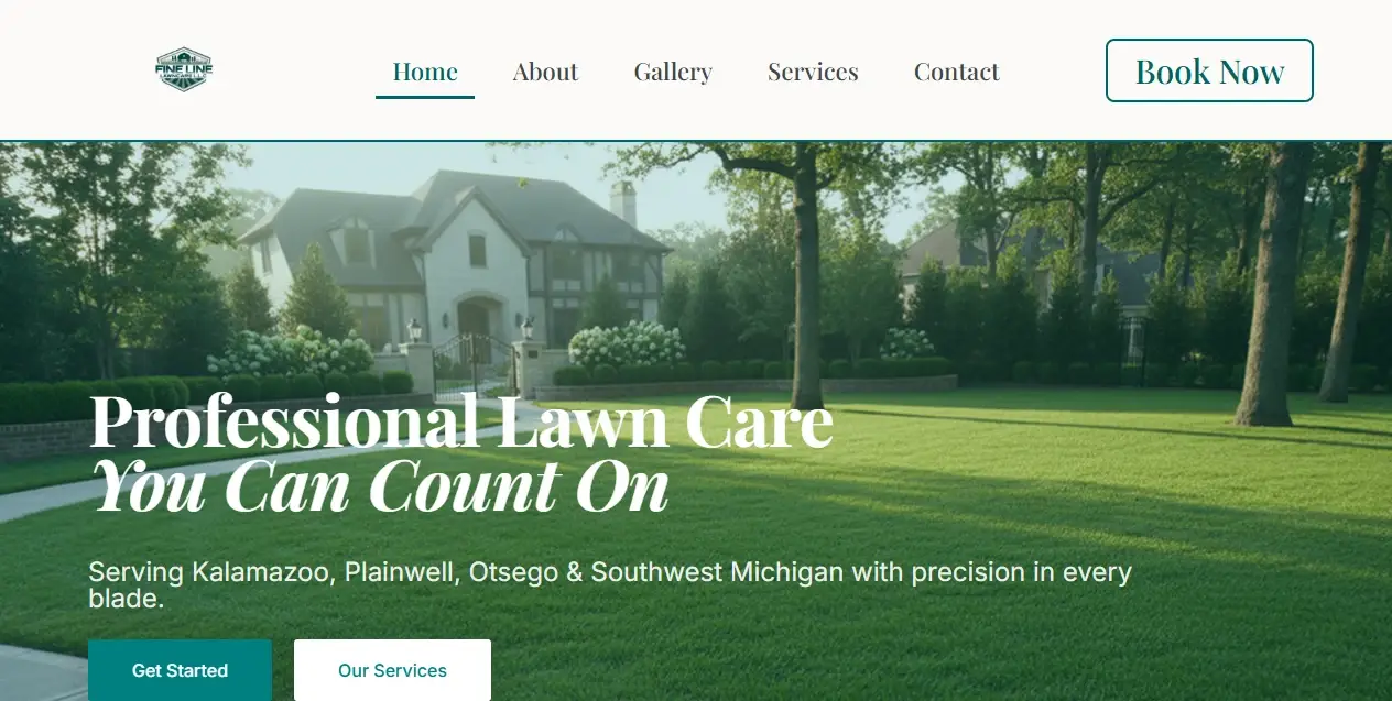 The Fine Line Lawncare homepage, showing a manicured property behind the headline "Professional Lawn Care You Can Count On" and a booking call to action.