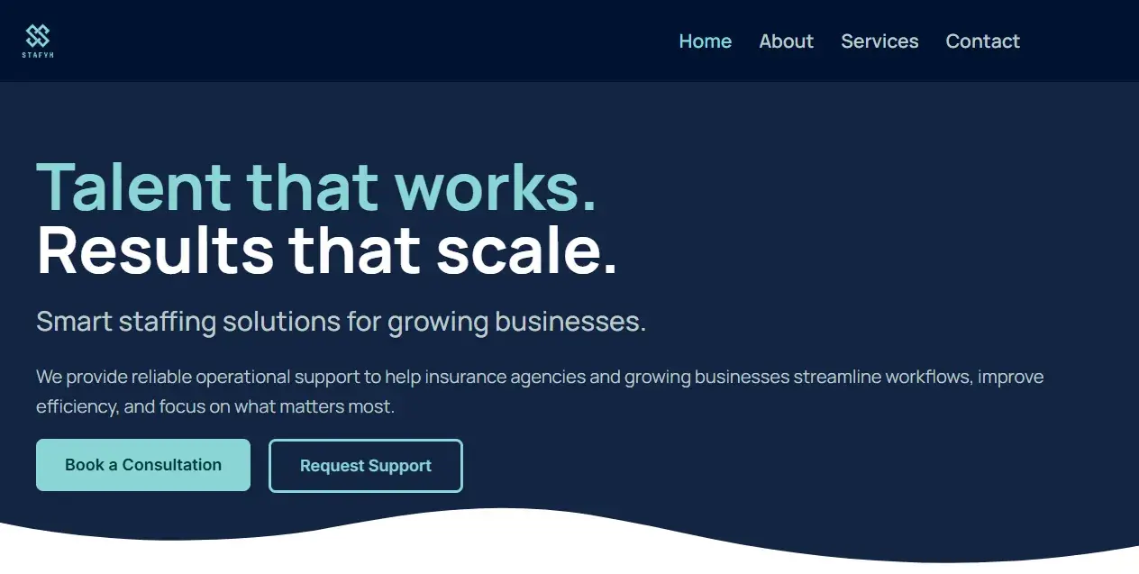 The Stafyx homepage, showing the headline "Talent that works. Results that scale." above a consultation booking call to action.